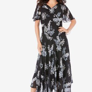 NWT ROMANS SHEER OVERLAY FLORAL DRESS with HANDKERCHIEF HEM and SEQUIN ACCENT